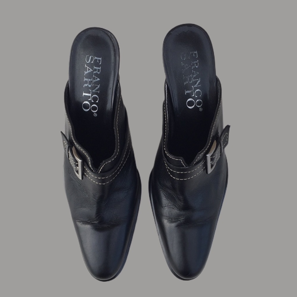 Franco Sarto Black Leather Mules with Buckle